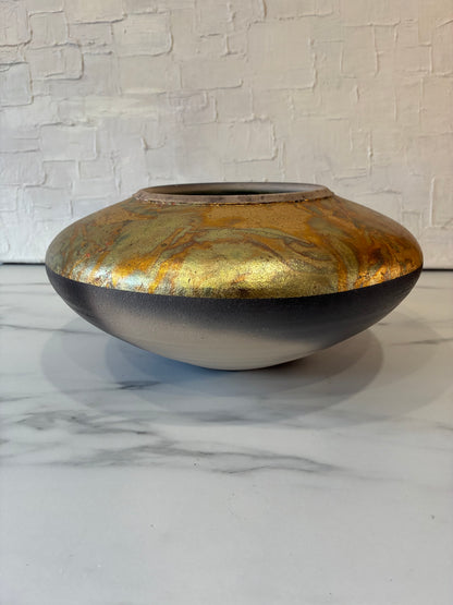 Signed 1970 Wabi Sabi Raku Fired Black & Gold Vase by Michael Weinberg