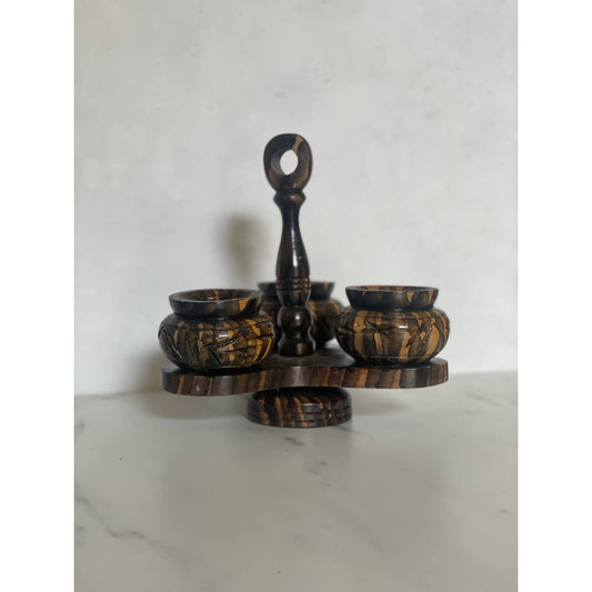 Zebra Wood Carved Spice Bowls on Lazy Susan Stand sold as set of 3