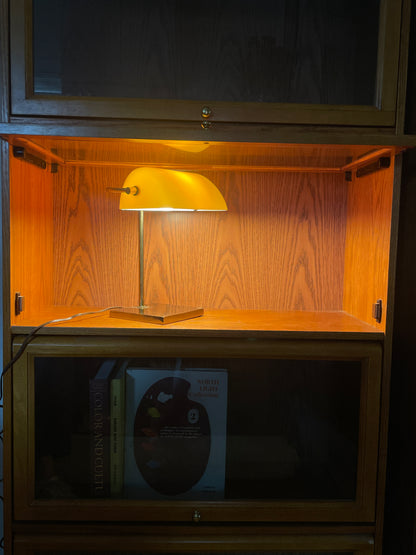 Brass & Amber Bankers Lamp with Minimalist Gold Metal Base Plate