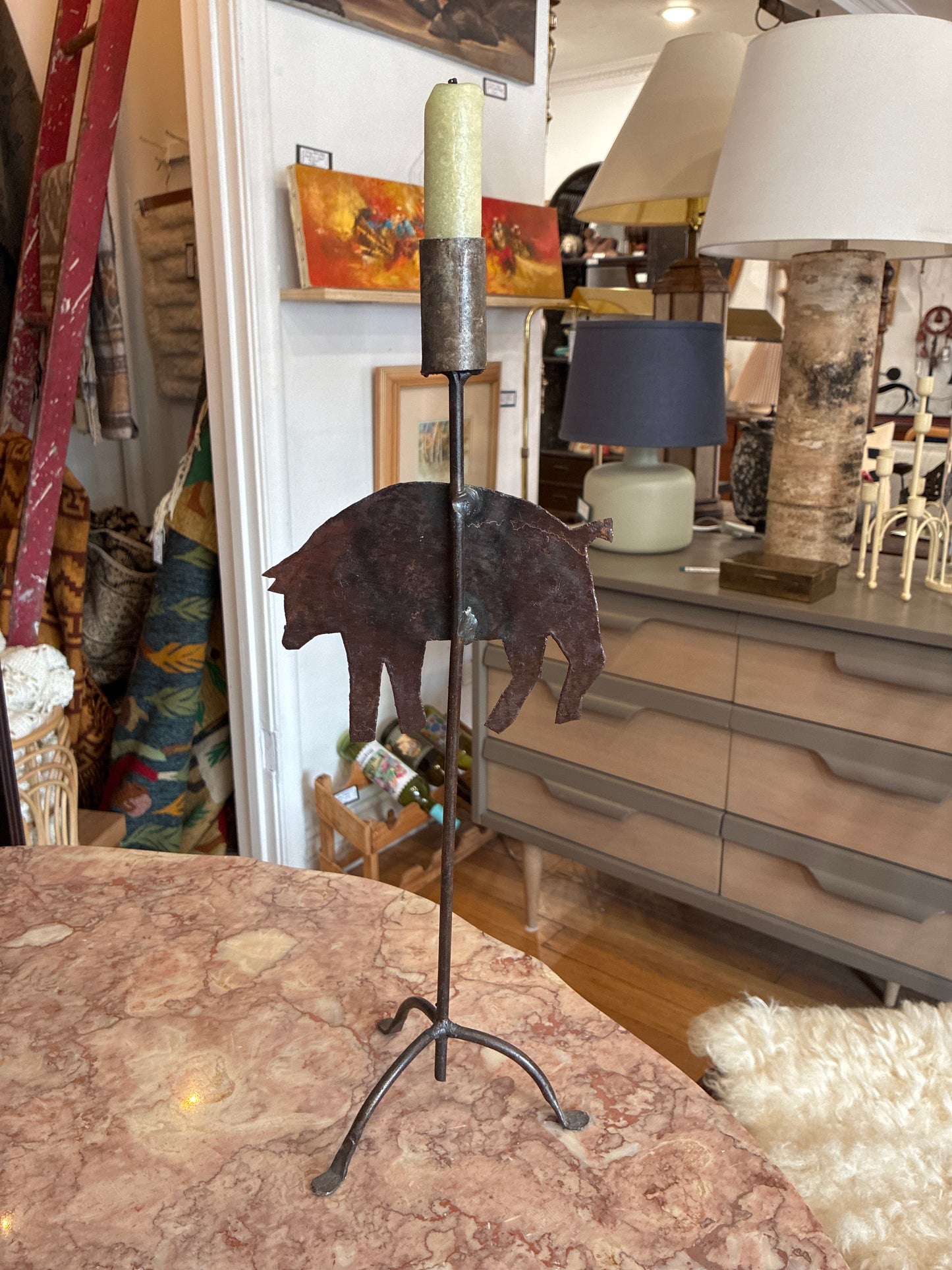 Handmade Iron Pig Tapered Candle Holder