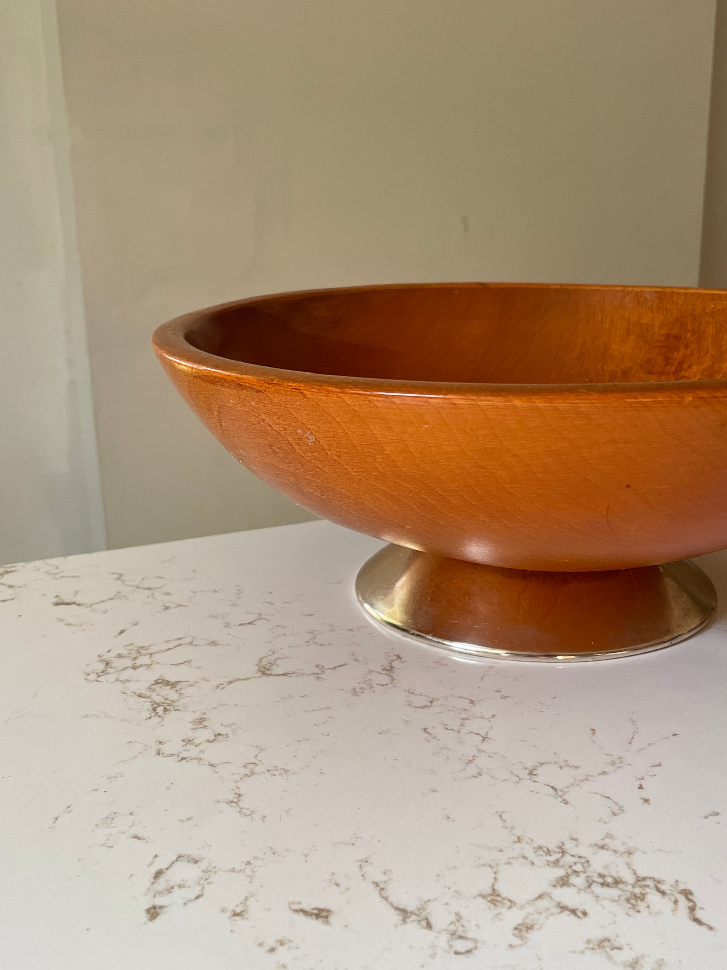Carved Wood Bowl on Silver Metal Pedestal
