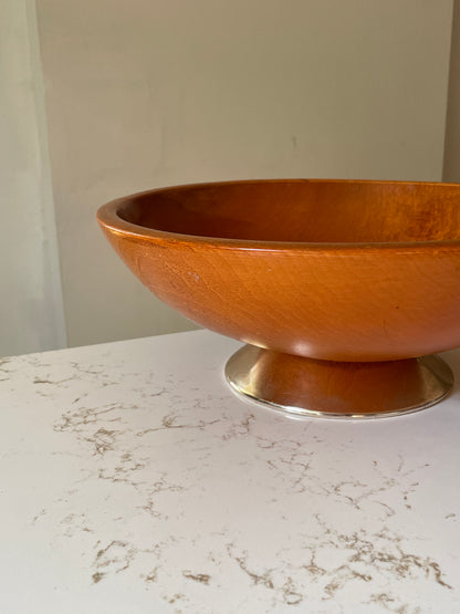 Carved Wood Bowl on Silver Metal Pedestal