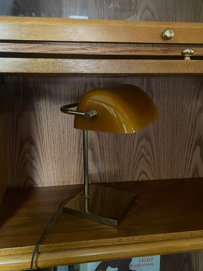 Brass & Amber Bankers Lamp with Minimalist Gold Metal Base Plate