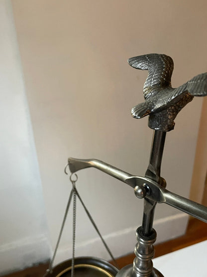 Vintage Wood & Metal Functioning Libra Scale of Justice with Eagle Finial