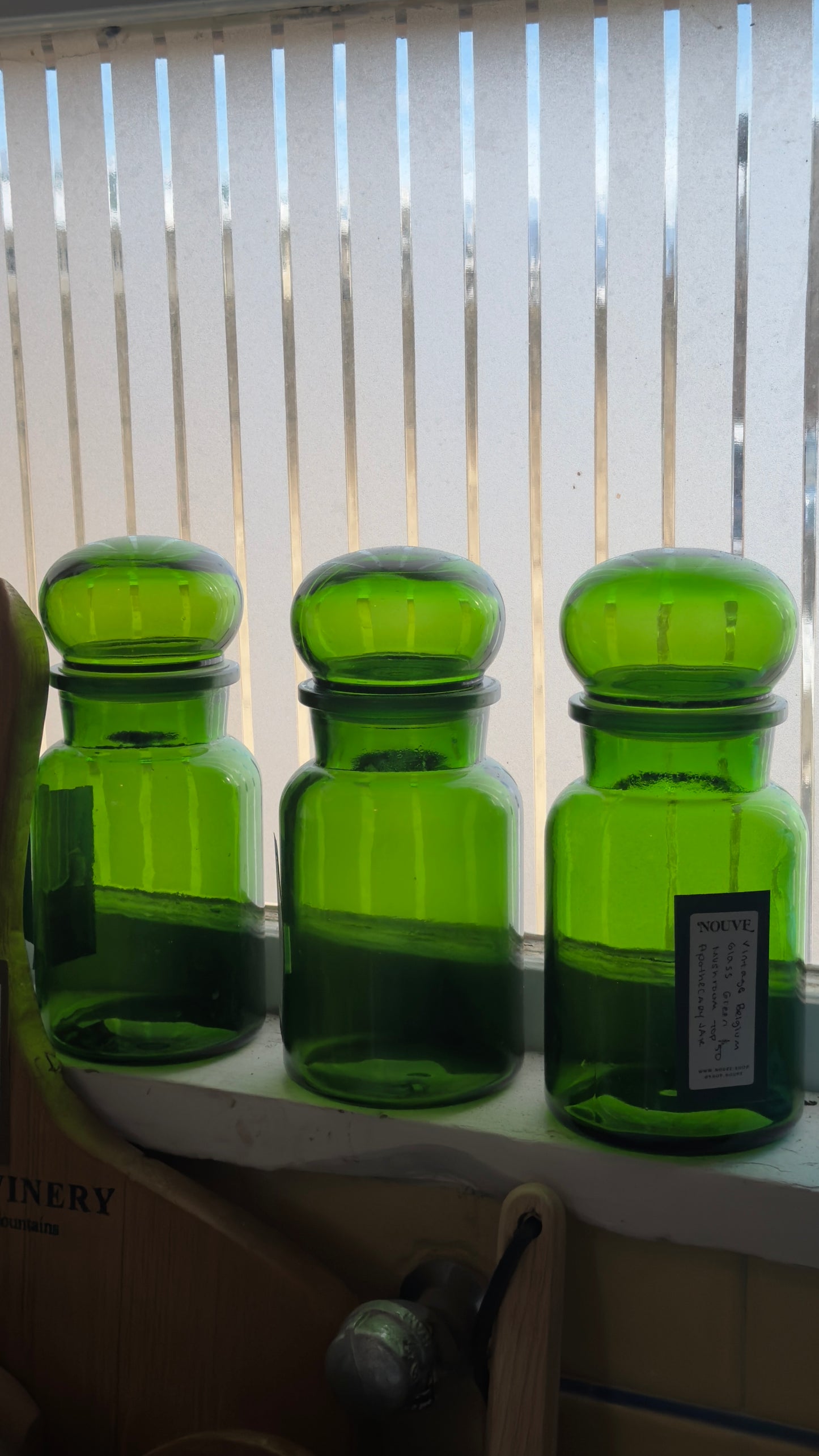 Vintage Belgium Glass Green Mushroom Top Apothecary Jar