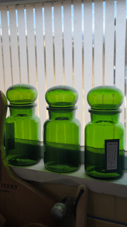 Vintage Belgium Glass Green Mushroom Top Apothecary Jar