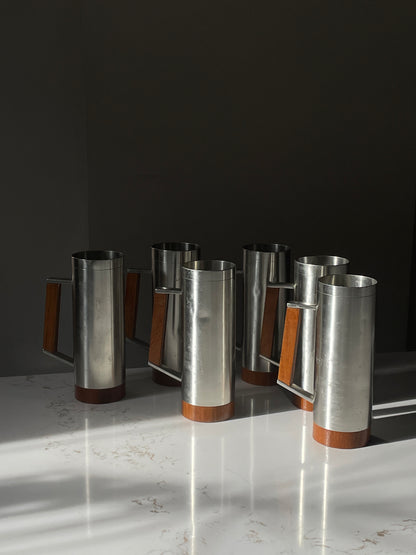 Set of 6 Vintage Royal Selangor Pewter & Teak Wood Tankard Mug Steins