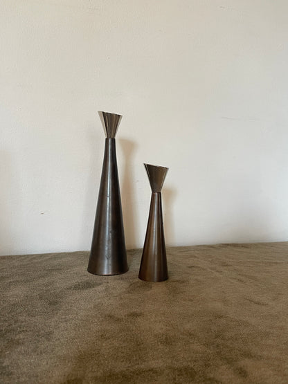 1960’s Metal Coated Chrome and Brushed Bronze Taper Candle Holders - Sold as a pair