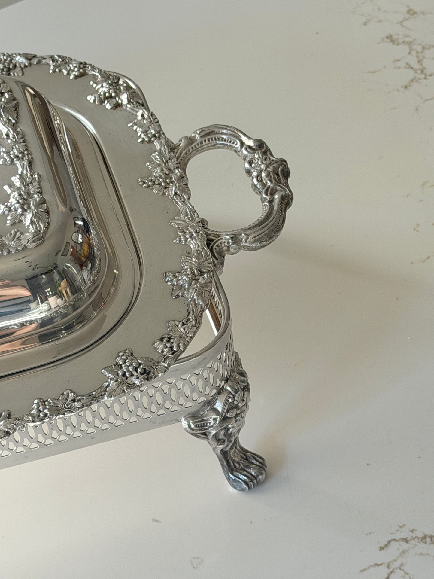 Silver Plated Grapevine Lidded Serving Dish + Stand by Old Sheffield Reproduction