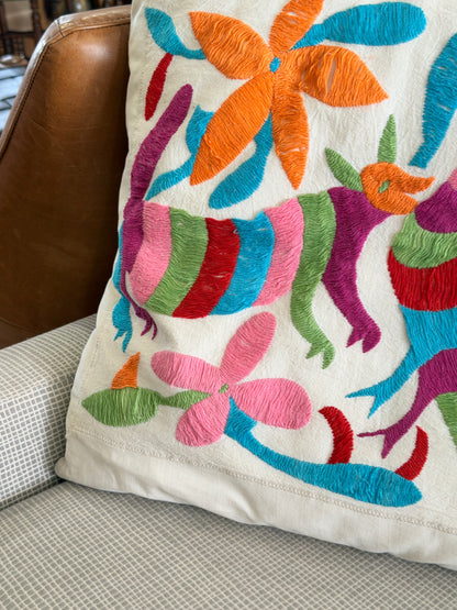 Vintage Tenango Hand Sewn Otomi Embroidered Folklore Pillowcase and Insert