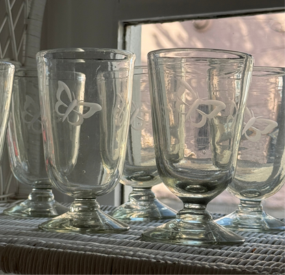 Glass Blown Butterfly Etched Chalice Glasses sold as a set of 6