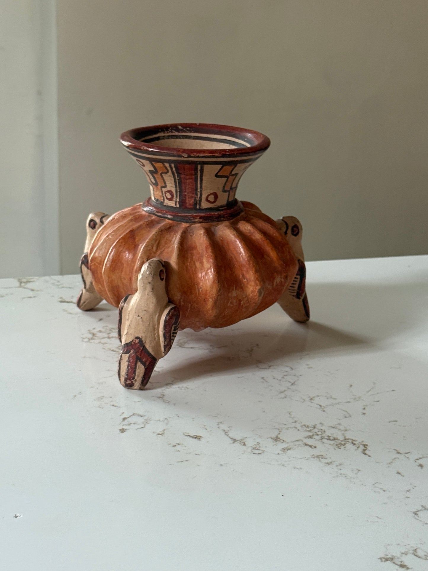 Vintage Mayan Tri-leg Red Clay Folk Art Bird Vessel with Hand Painted Mayan Patterns- RARE
