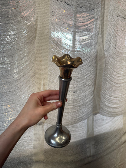 Pair of Brass & Silver Alum Ruffle Top Taper Candle Holders