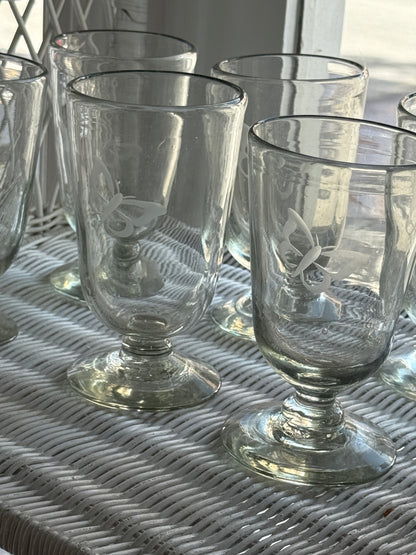 Glass Blown Butterfly Etched Chalice Glasses sold as a set of 6