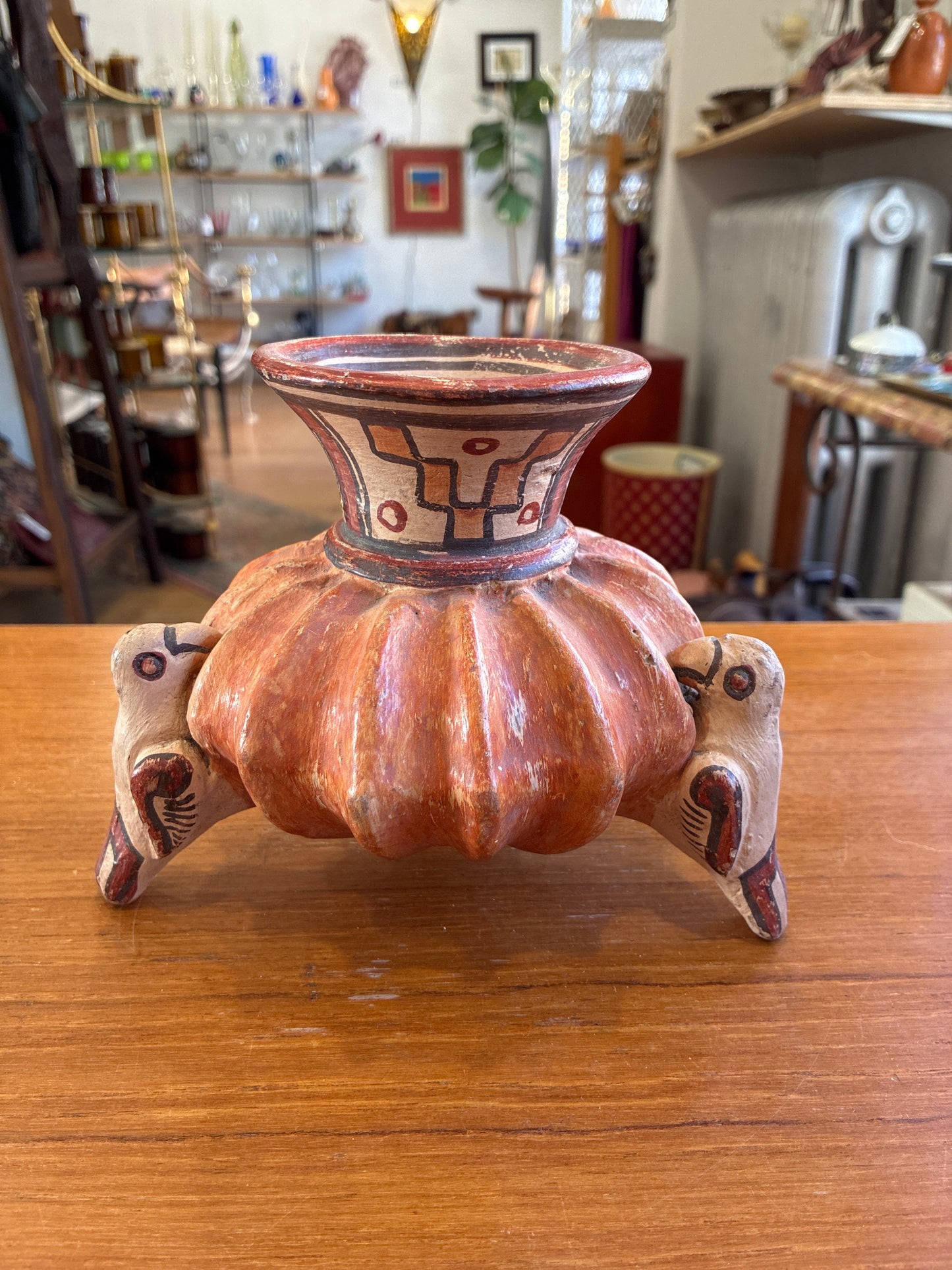Vintage Mayan Tri-leg Red Clay Folk Art Bird Vessel with Hand Painted Mayan Patterns- RARE