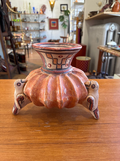 Vintage Mayan Tri-leg Red Clay Folk Art Bird Vessel with Hand Painted Mayan Patterns- RARE