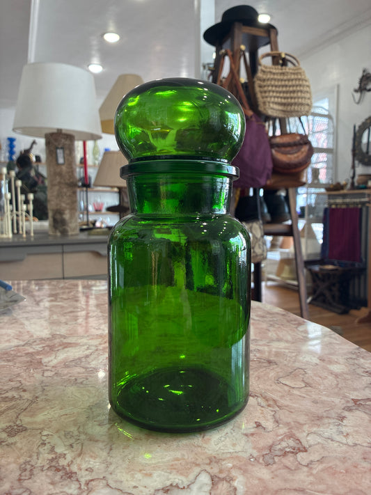 Vintage Belgium Glass Green Mushroom Top Apothecary Jar