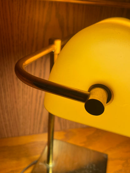 Brass & Amber Bankers Lamp with Minimalist Gold Metal Base Plate