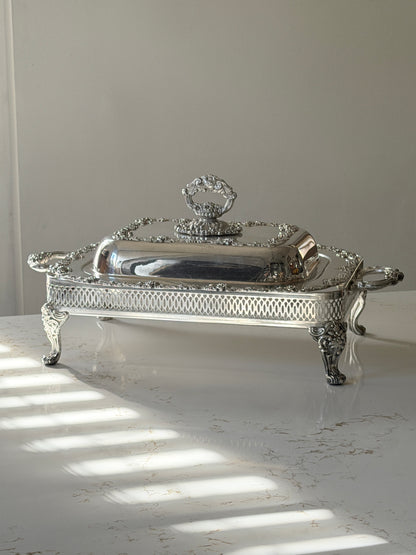 Silver Plated Grapevine Lidded Serving Dish + Stand by Old Sheffield Reproduction