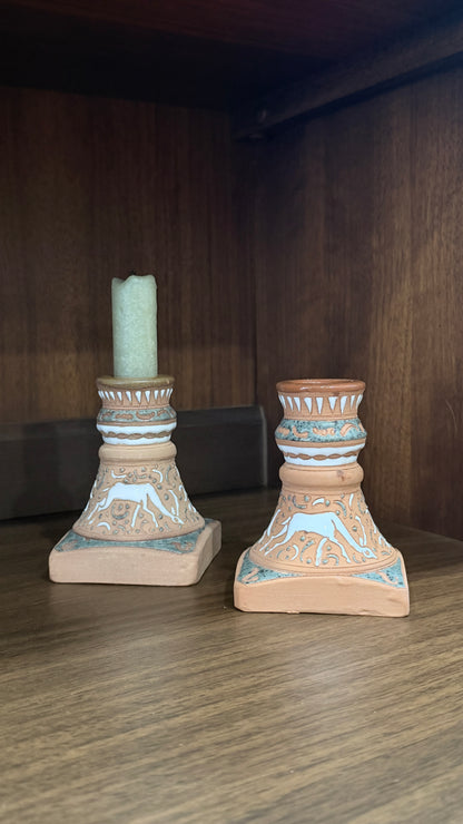 Handcrafted Grecian Terracotta Pair of Candle Holders by Rhodos