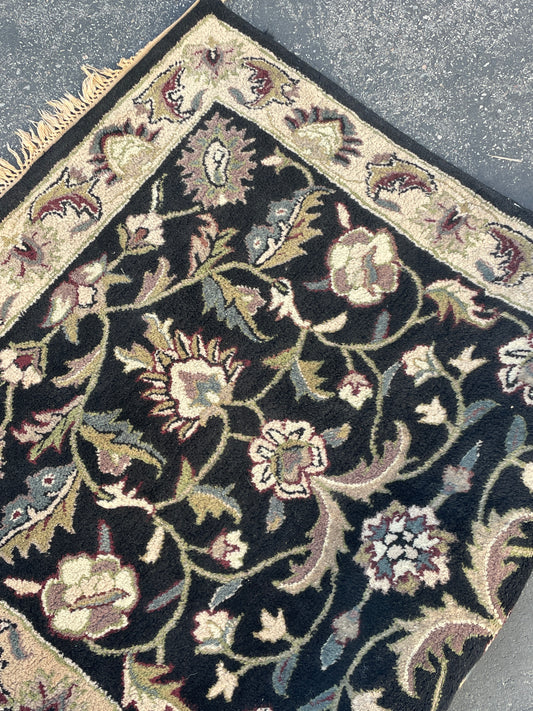 Handmade in India, “Blade Black” Floral Wool Area Rug 3ftx5ft 3.5 in