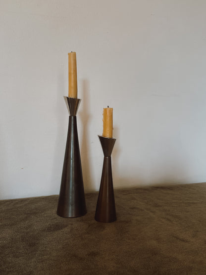 1960’s Metal Coated Chrome and Brushed Bronze Taper Candle Holders - Sold as a pair