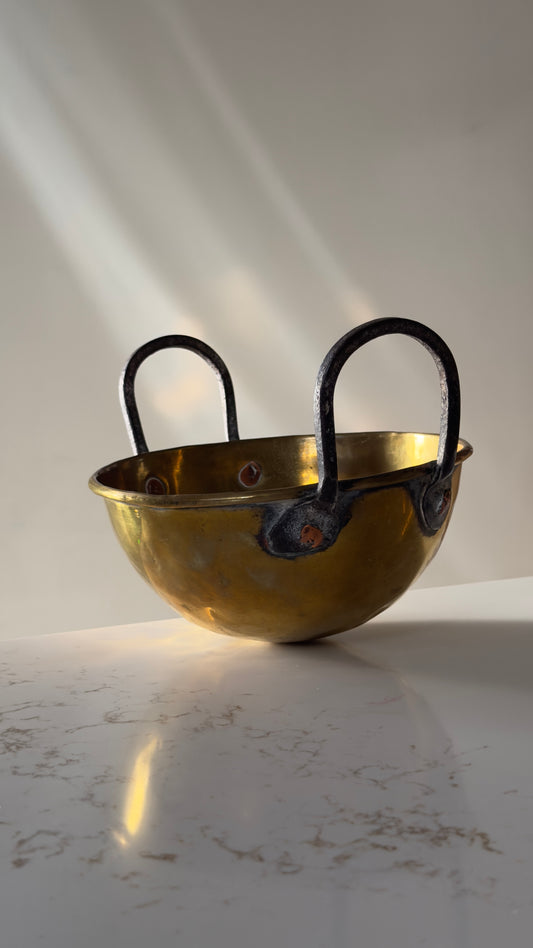 French Vintage Handcrafted Rounded Bottom Hammered Brass, Iron & Copper Bowl