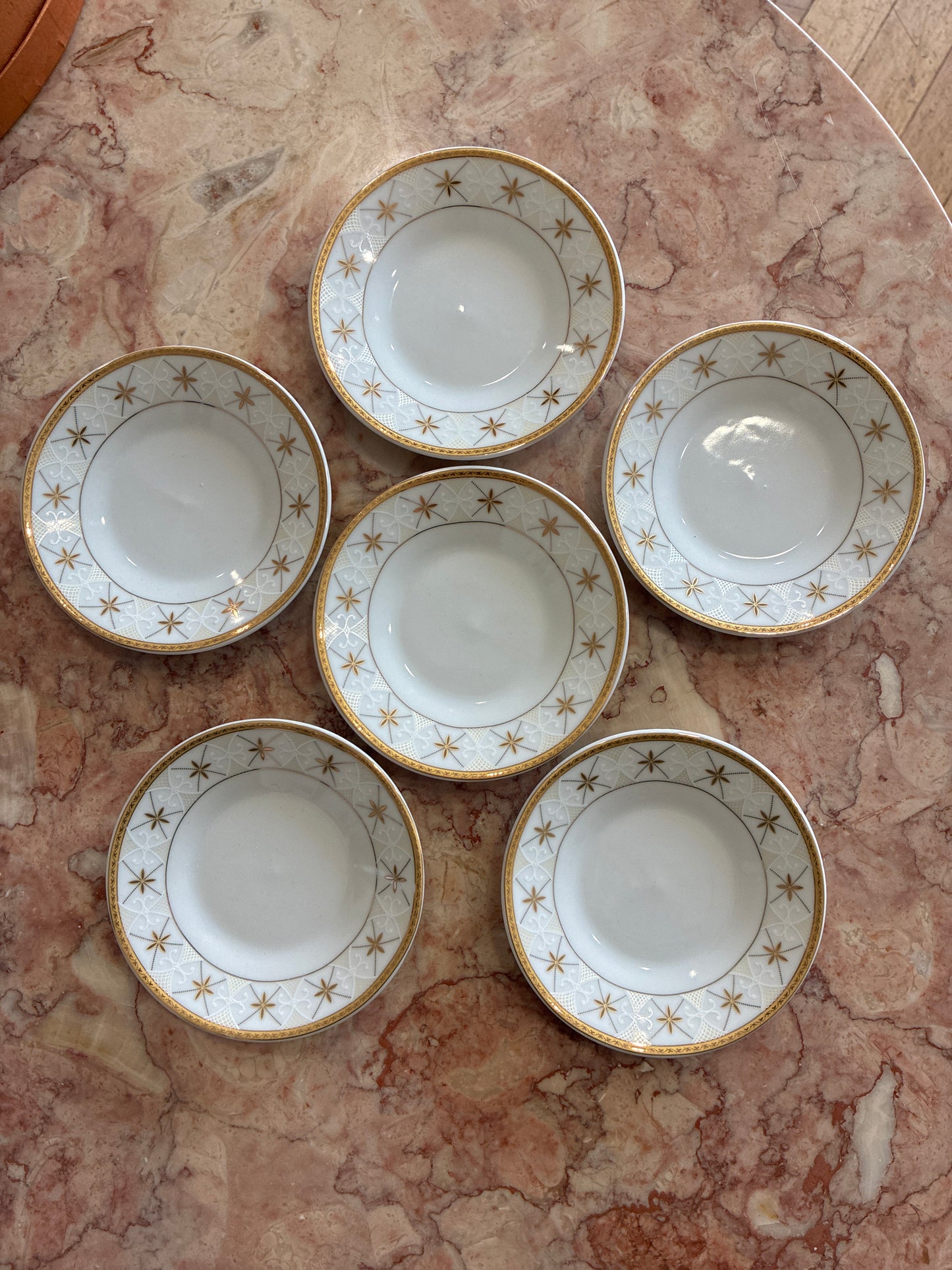 German Fine Porcelain Gold Starburst Cup and Saucer Set of 6 in Box