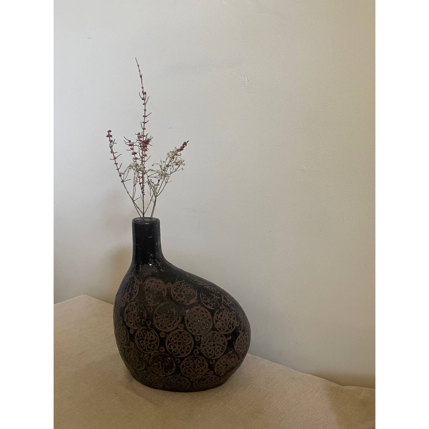 Black Glazed Terracotta Organic Off-Centered Vase