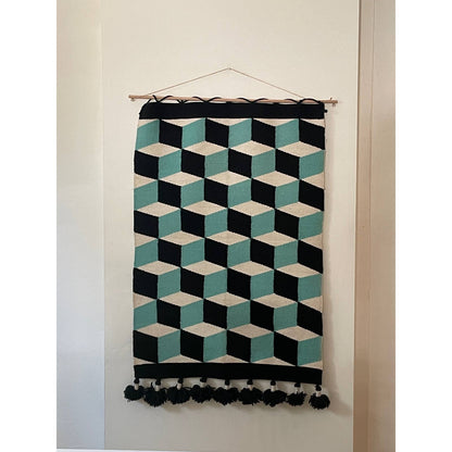 Hand-stitched Geometric Cube Optical Illusion Tapestry