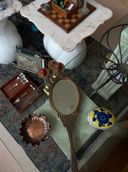 Antique Art Nouveau Carved Wood with Velvet Back Hand Mirror