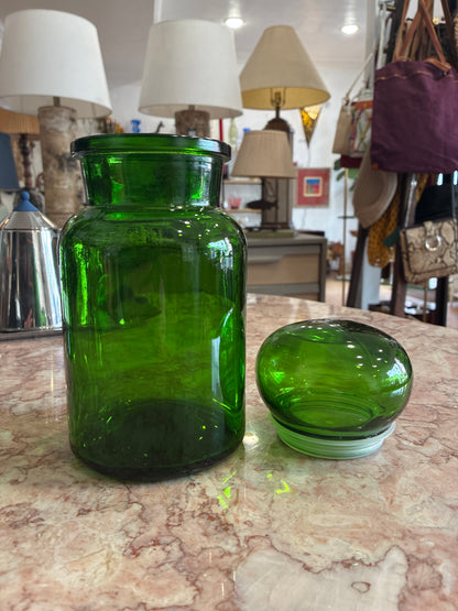Vintage Belgium Glass Green Mushroom Top Apothecary Jar