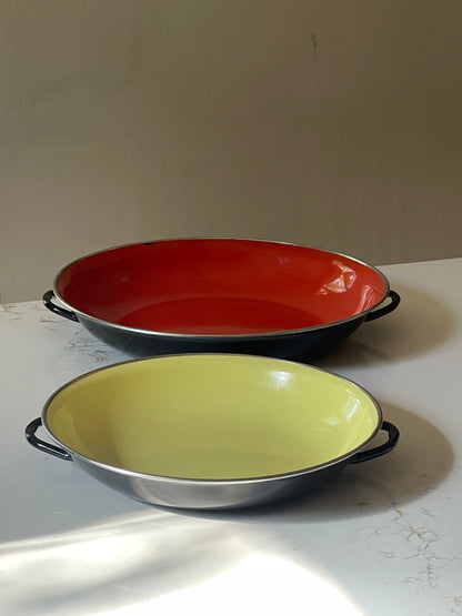 Vintage Midcentury Yugoslavian Red and Yellow Enamel Pans
