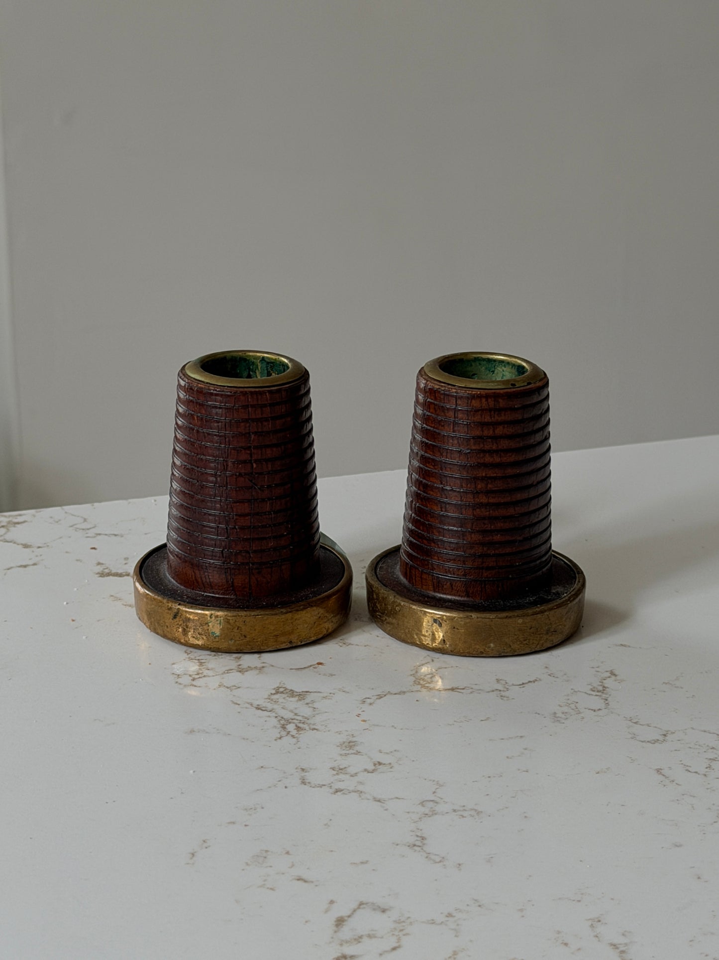 Pair of Vintage Wool Loom Spool Candle Holders with Hammered Brass Adornments