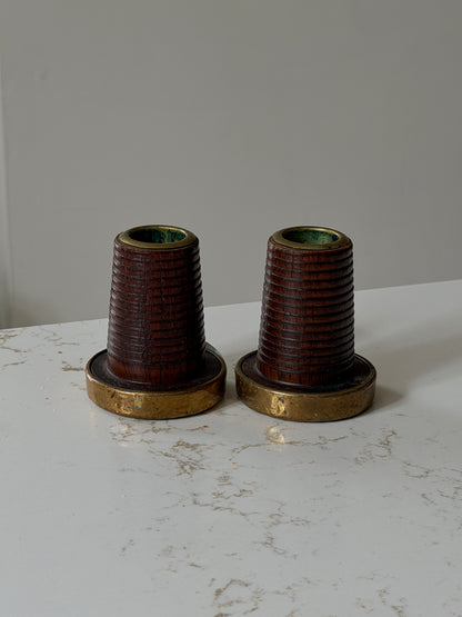 Pair of Vintage Wool Loom Spool Candle Holders with Hammered Brass Adornments