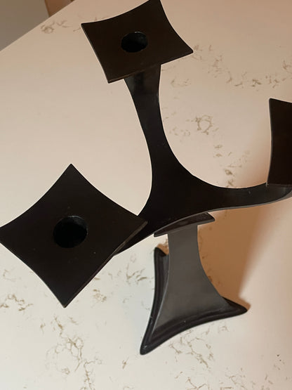 Angular Tri-Headed Black Brass Candelabra