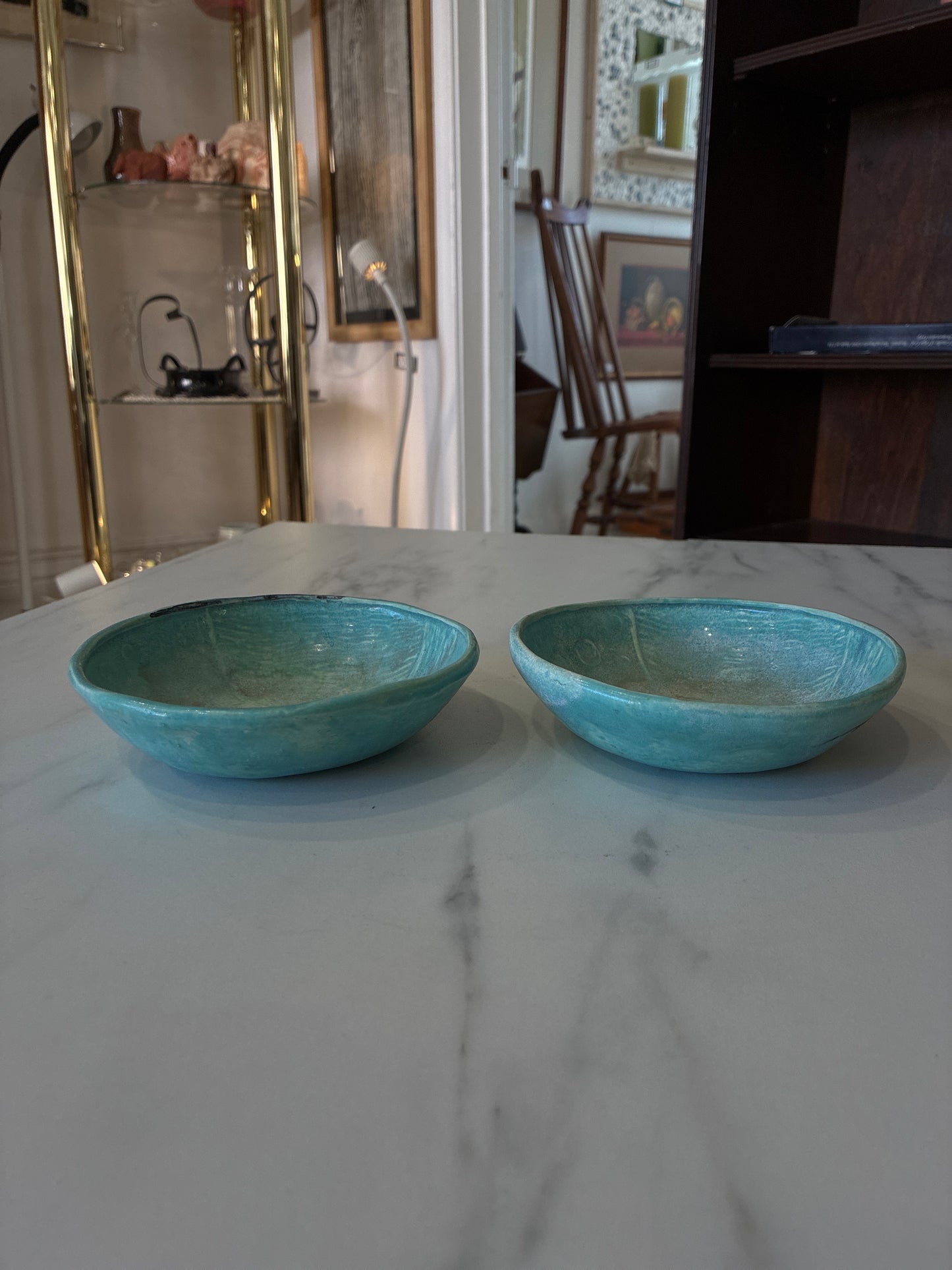 Pair of Handmade Teal Glazed Sculptured Bowls with Interior Designs