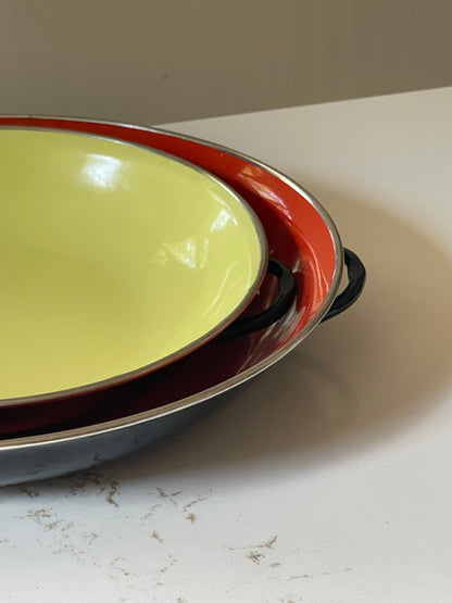 Vintage Midcentury Yugoslavian Red and Yellow Enamel Pans