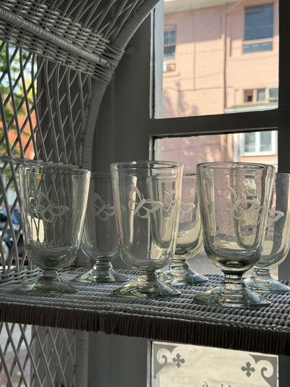 Glass Blown Butterfly Etched Chalice Glasses sold as a set of 6