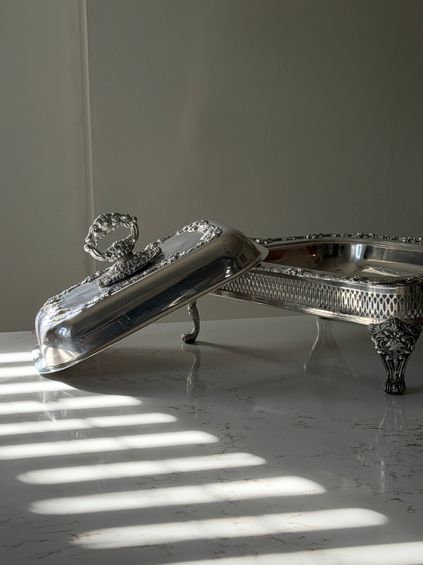 Silver Plated Grapevine Lidded Serving Dish + Stand by Old Sheffield Reproduction