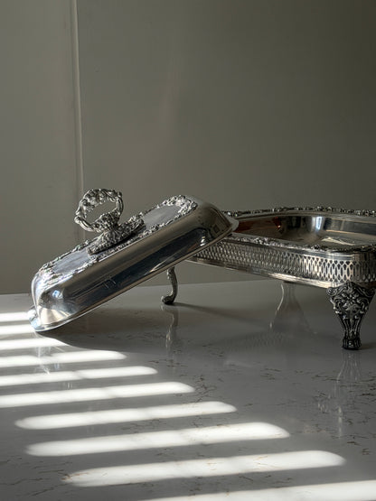 Silver Plated Grapevine Lidded Serving Dish + Stand by Old Sheffield Reproduction