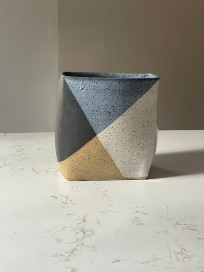 Hand Sculpted Blue Patchwork Chubby Vase Planter