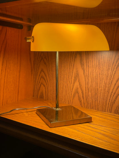 Brass & Amber Bankers Lamp with Minimalist Gold Metal Base Plate