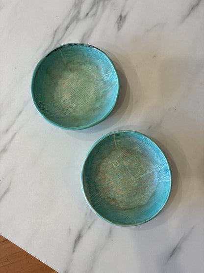 Pair of Handmade Teal Glazed Sculptured Bowls with Interior Designs