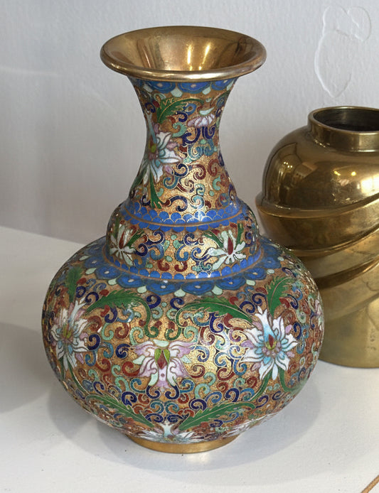 Decorative Brass Champleve Cloisonne Vase - Relief Textured