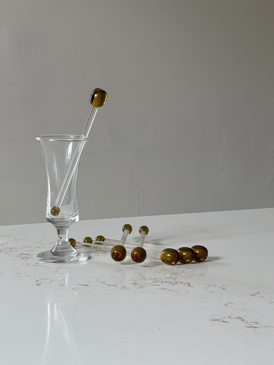 Vintage Sculpted Glass MArtini Olive Swizzle Sticks Stirrers Garnish Decor - Set of 6