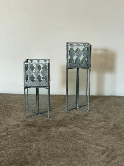 Handcrafted Diamond Metal and Glass Cubed Candle Podiums sold as a pair of 2