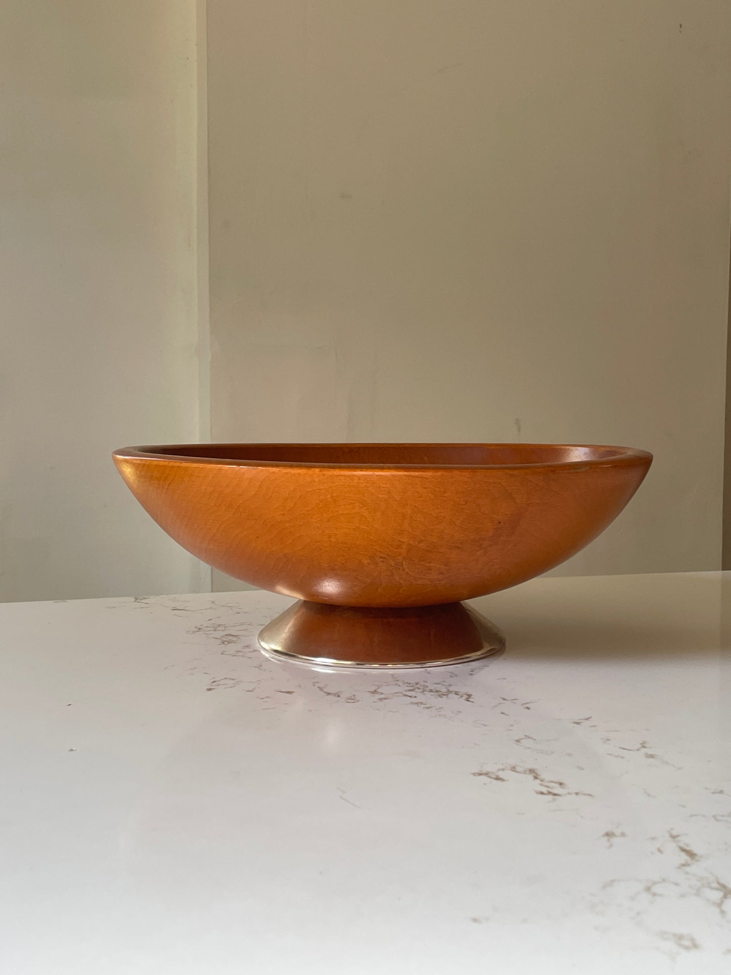 Carved Wood Bowl on Silver Metal Pedestal