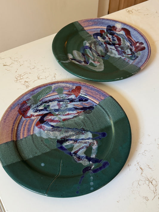 Pair of Bruce Larrabee, Park City Studio Plates, Teal Purple Glaze