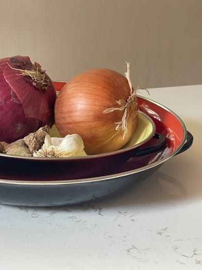 Vintage Midcentury Yugoslavian Red and Yellow Enamel Pans